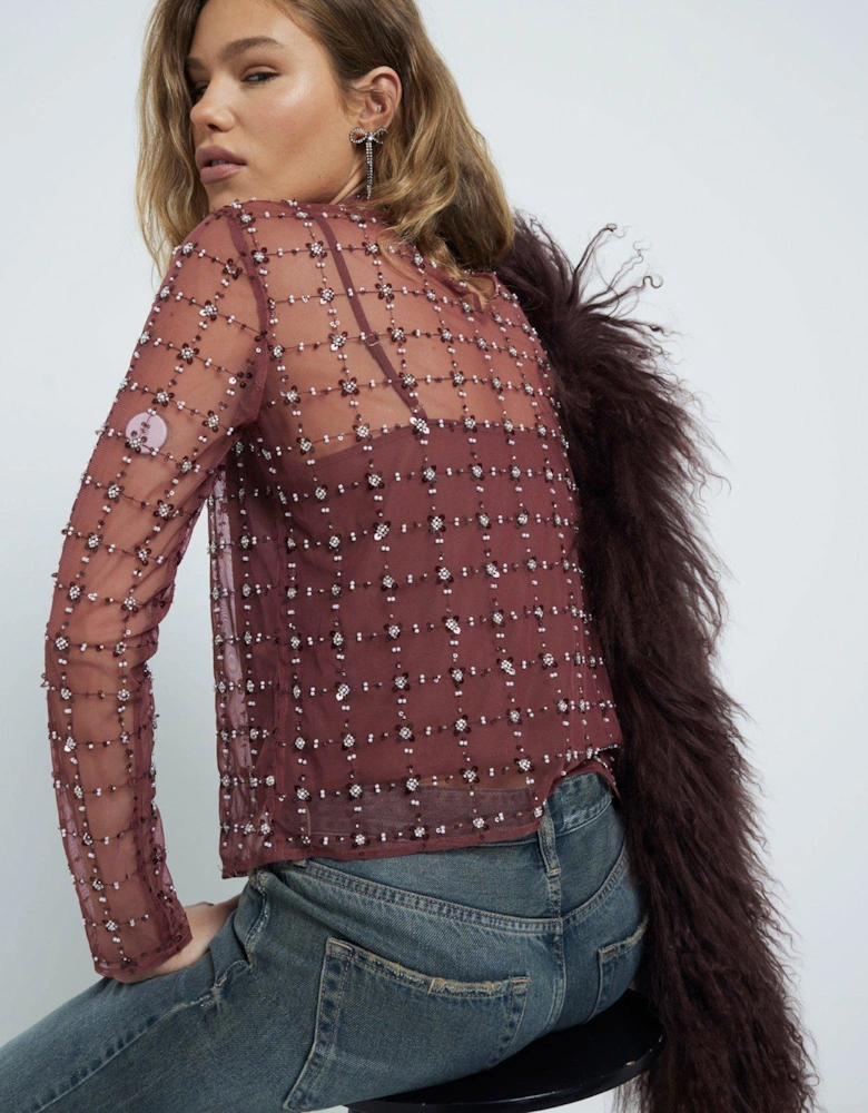Floral Sequin Mesh Top - Dark Red