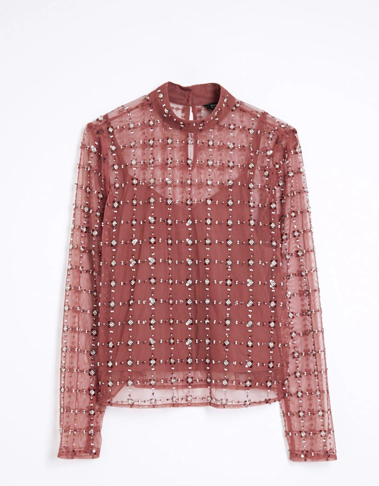 Floral Sequin Mesh Top - Dark Red