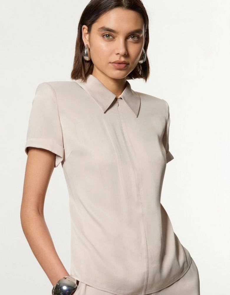 Tall Collared Zip Satin Short Sleeve Woven Top