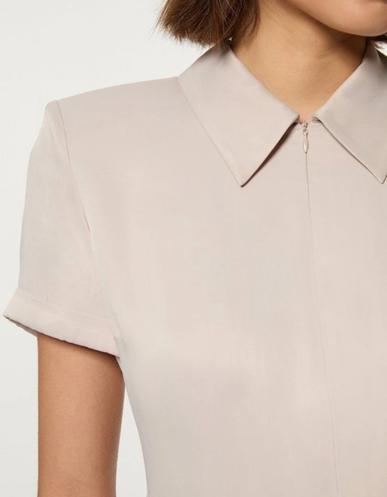 Tall Collared Zip Satin Short Sleeve Woven Top