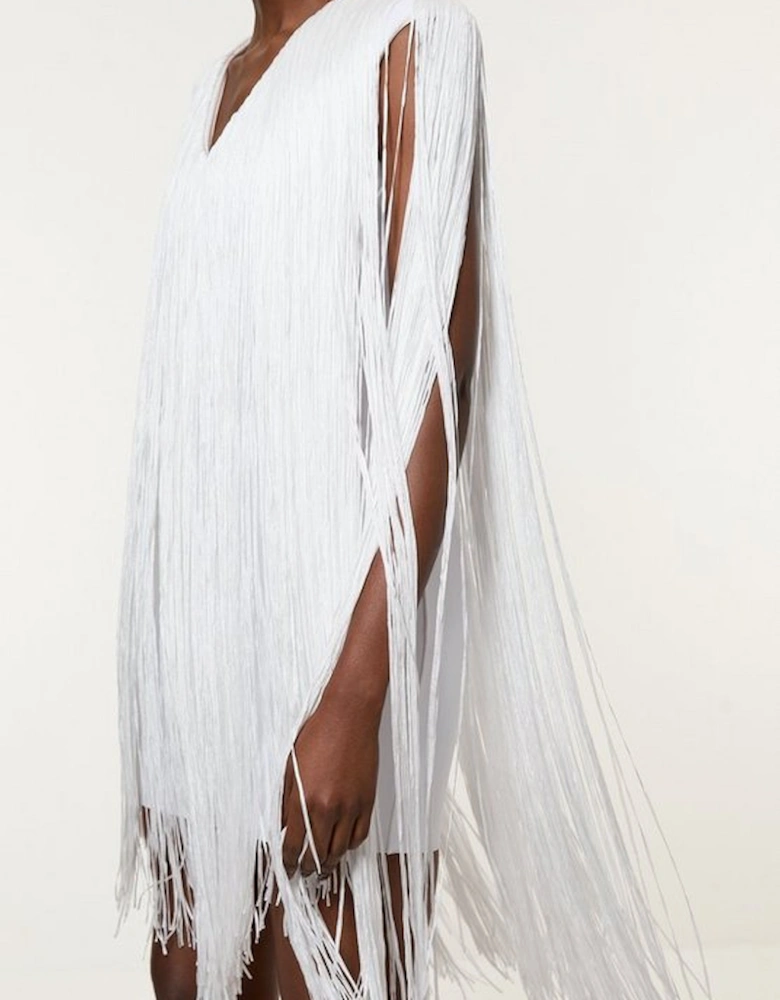 Figure Form Bandage Knit V Neck Fringe Mini Dress