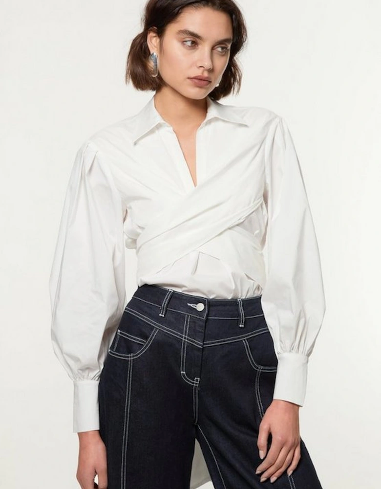 Tall Cotton Poplin Drama Sleeve Woven Wrap Detail Blouse