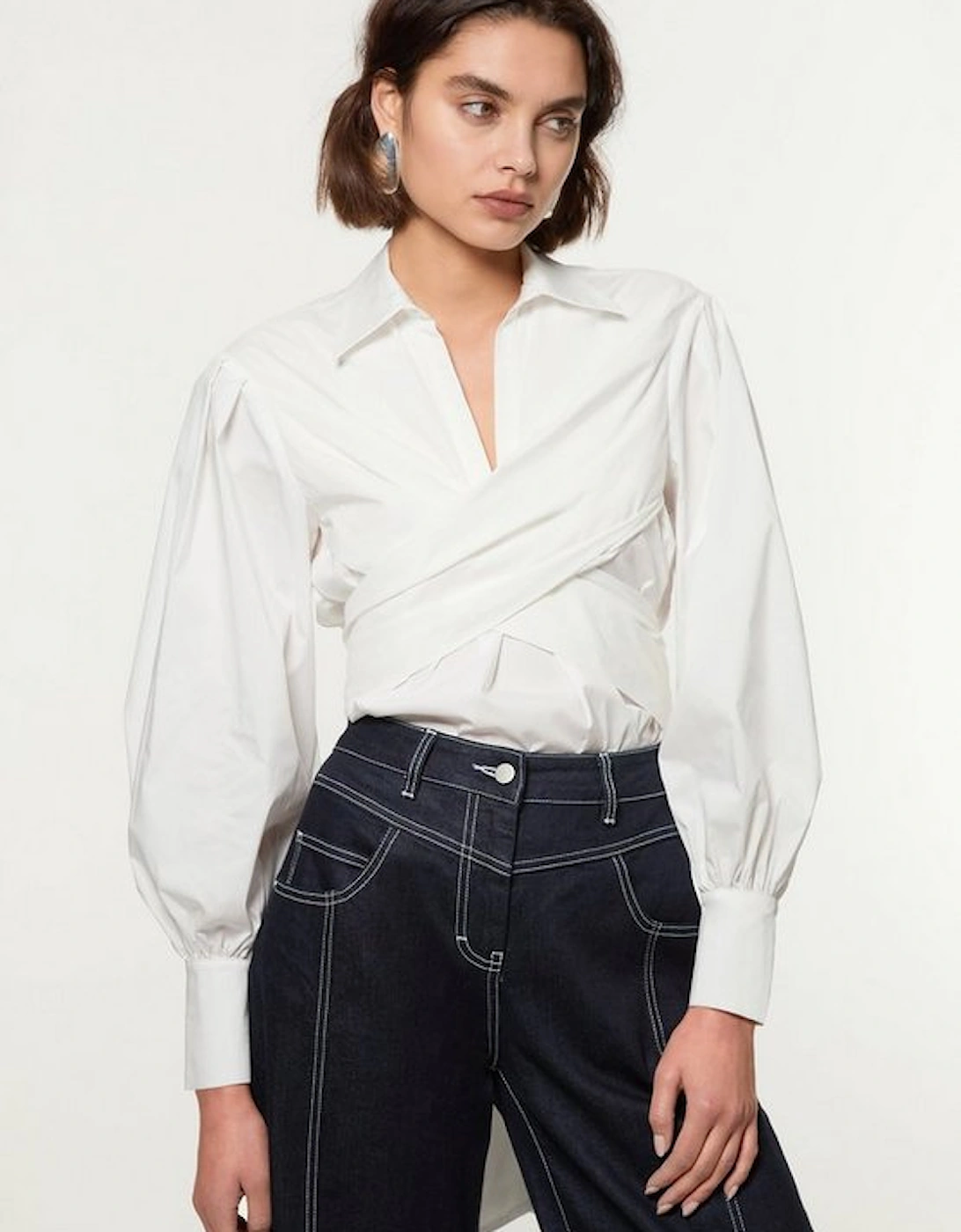 Tall Cotton Poplin Drama Sleeve Woven Wrap Detail Blouse, 4 of 3