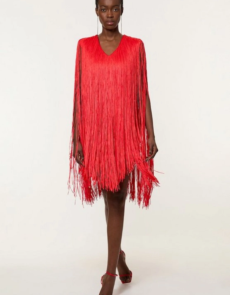 Petite Figure Form Bandage Knit V Neck Fringe Mini Dress