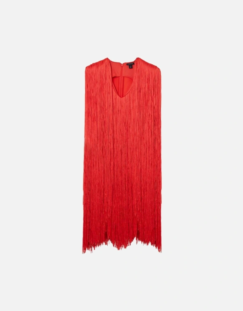 Petite Figure Form Bandage Knit V Neck Fringe Mini Dress