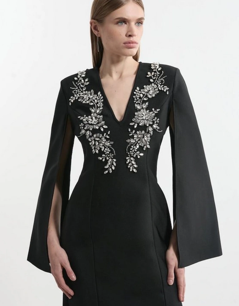 Bandage Form Fitting Cape Sleeve Embellished Mini Dress