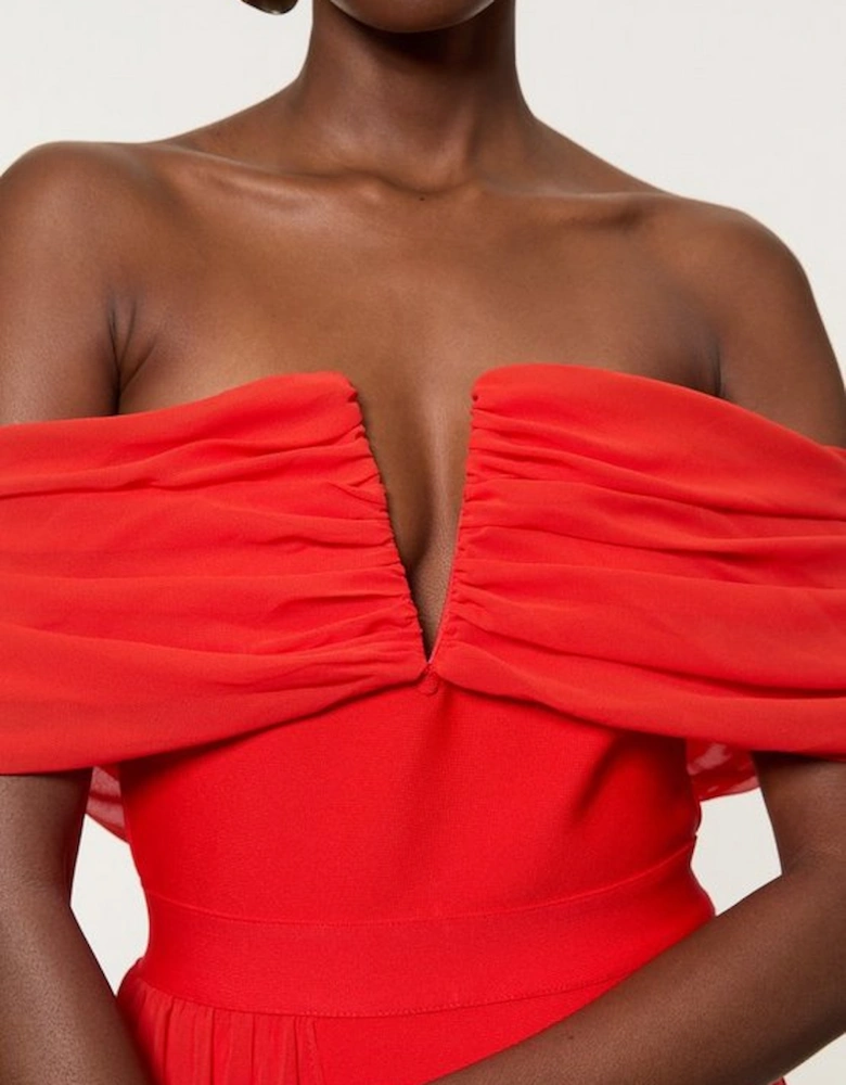 Figure Form Bandage Knit Woven Bardot And Skirt Detail Dress