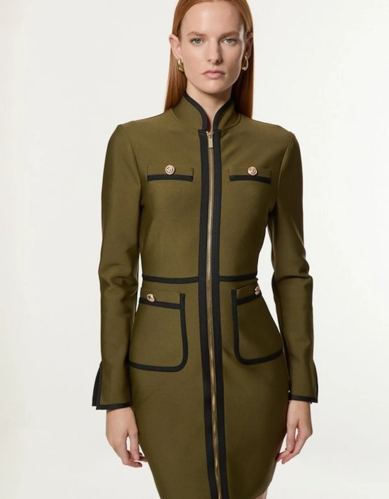 Figure Form Bandage Knit Piping Detail Military Dress