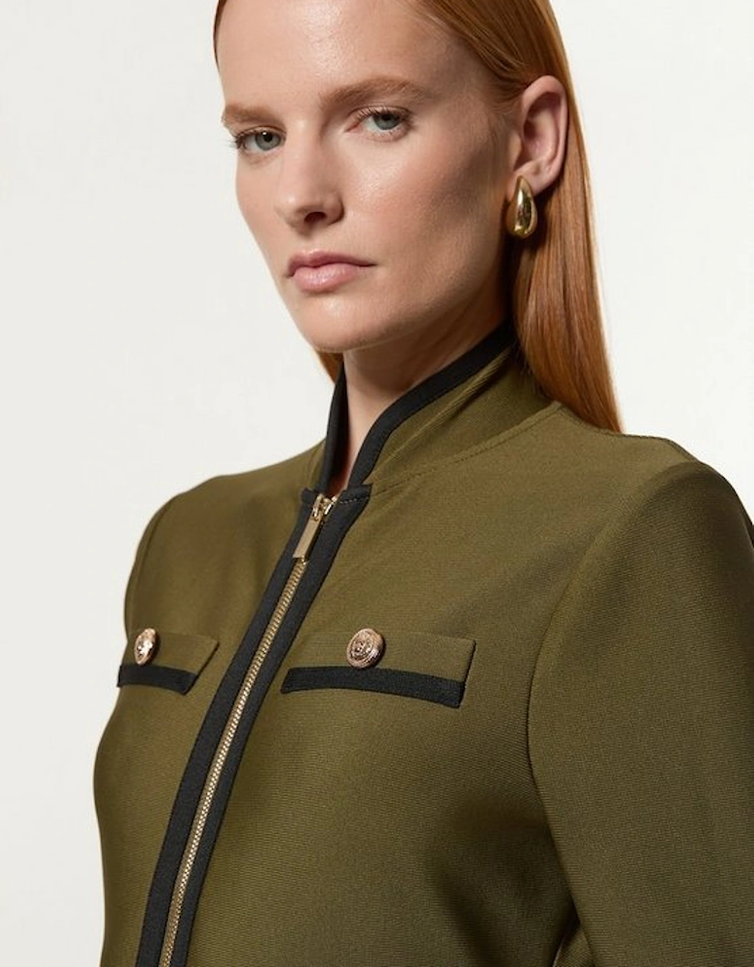 Figure Form Bandage Knit Piping Detail Military Dress