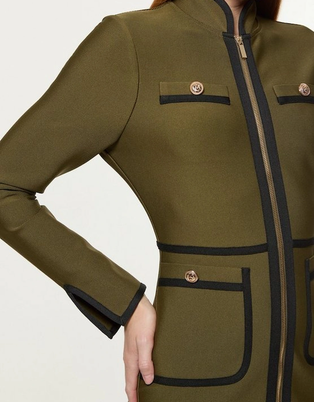 Figure Form Bandage Knit Piping Detail Military Dress