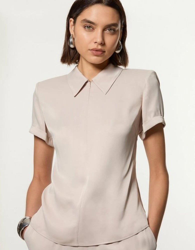 Collared Zip Satin Short Sleeve Woven Top