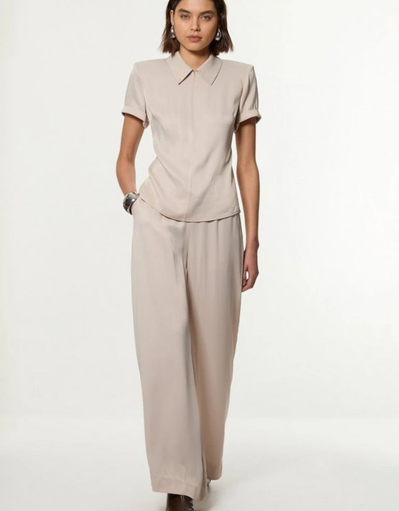 Collared Zip Satin Short Sleeve Woven Top