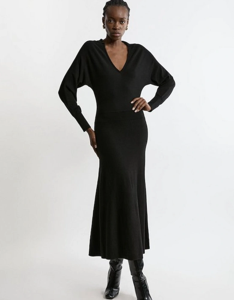 Viscose Blend Collared Bat Wing Knitted Midi Dress