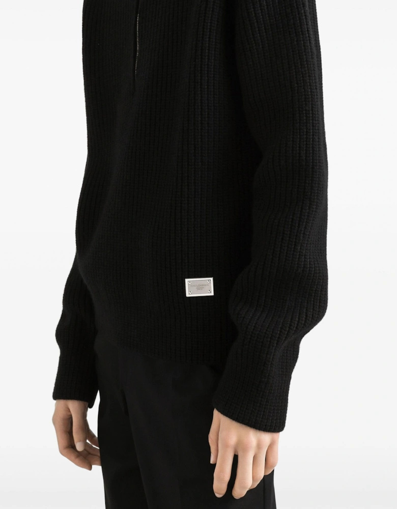 Chunky Knit Plaque Zip Sweater Black