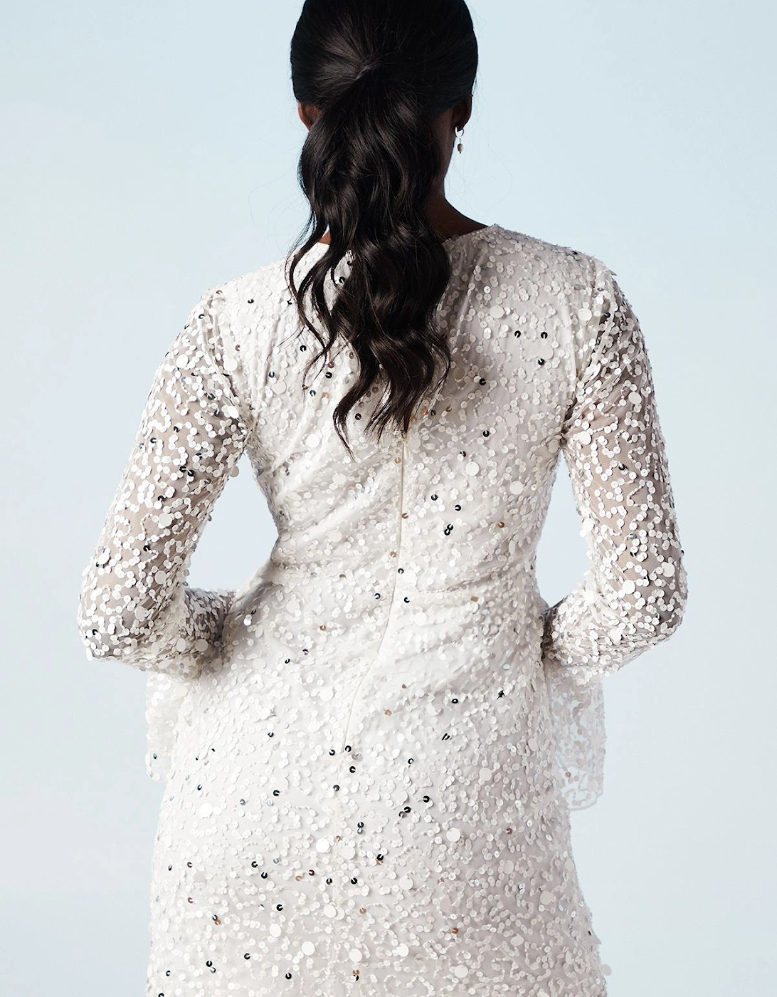 Sequin and Beadwork Embellished Flare Cuff Bridal Mini Dress