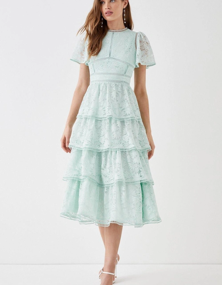 Tiered Lace Dress With Flutter Sleeve & Trims