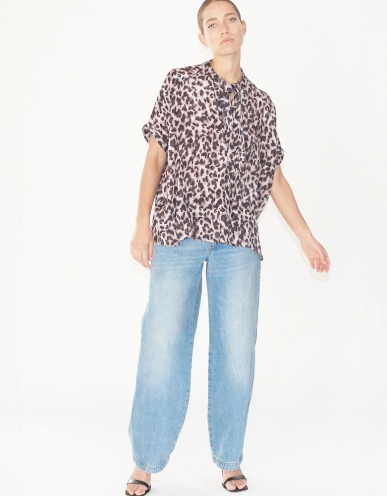 Oversized Leopard Print Blouse - Brown