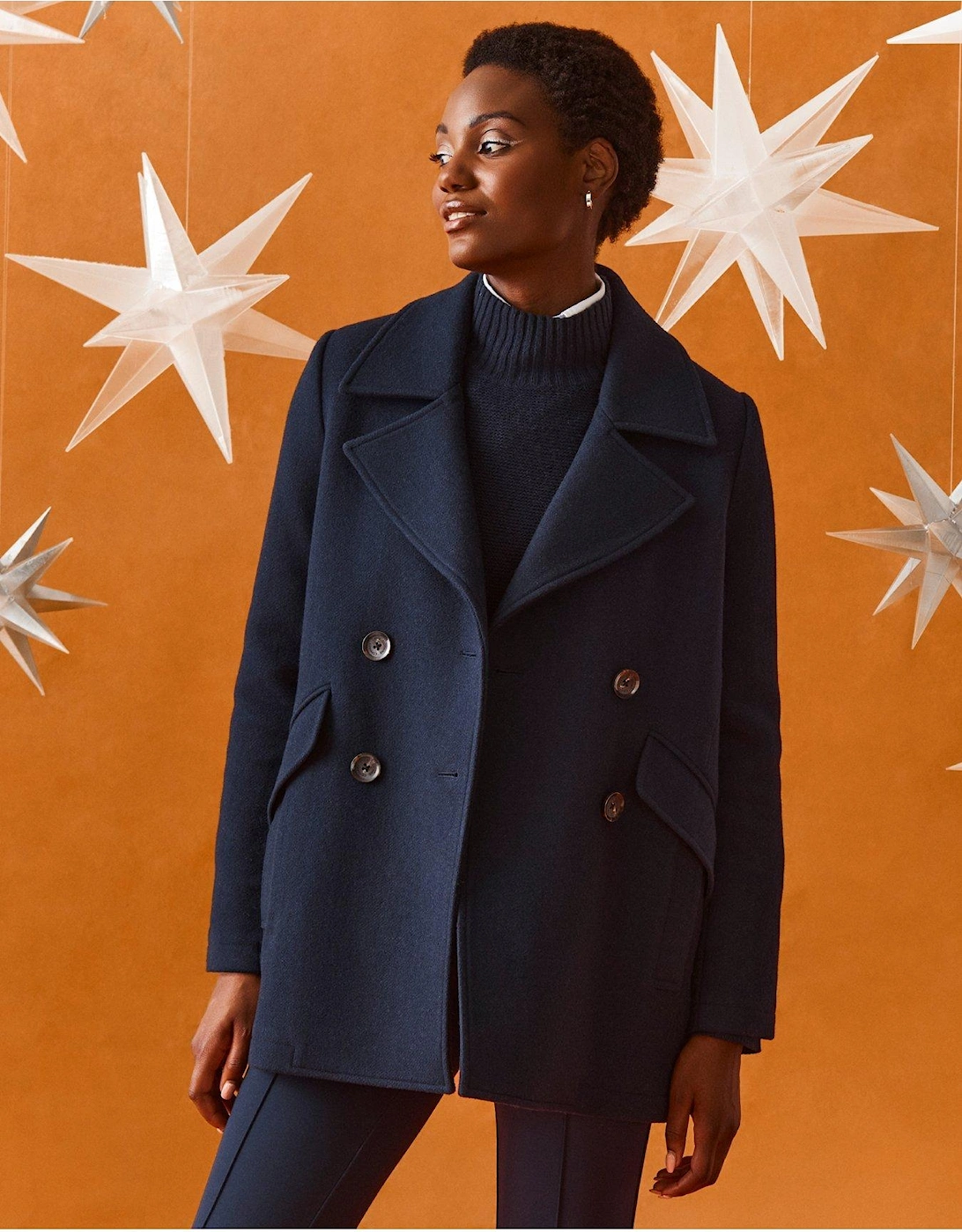 Wool Blend Pea Coat - Navy