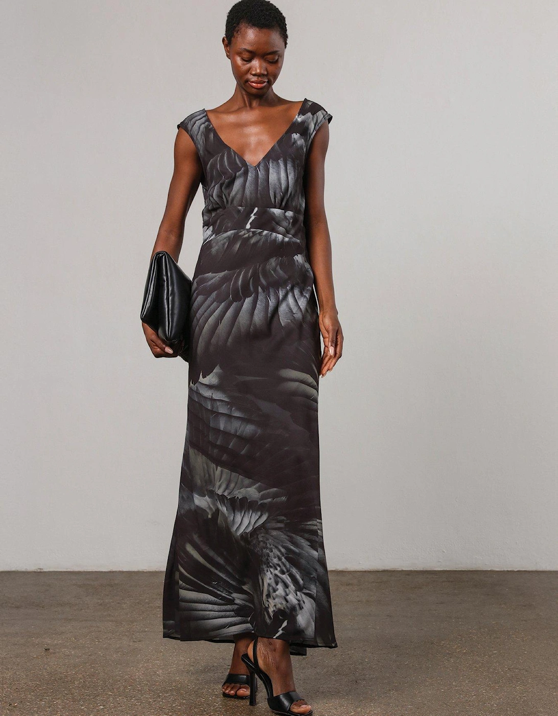 Dawn Maxi Column Dress With Draped Back Detail In Hand-Painted Print - Green