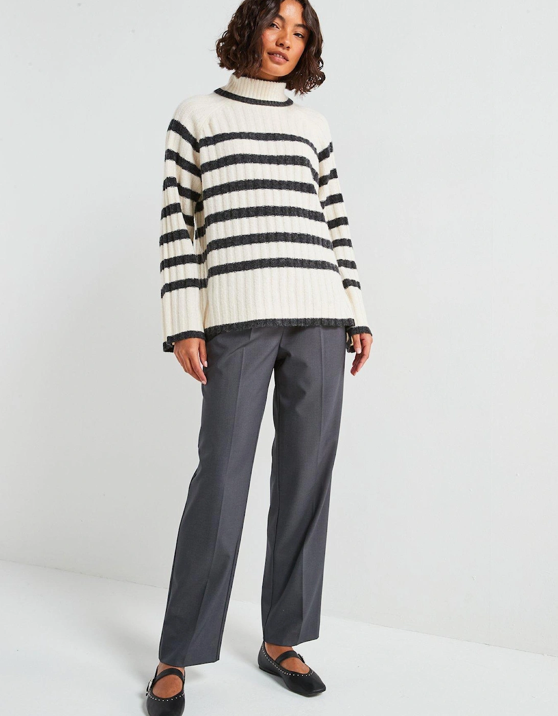 High Neck Stripe Jumper - Beige