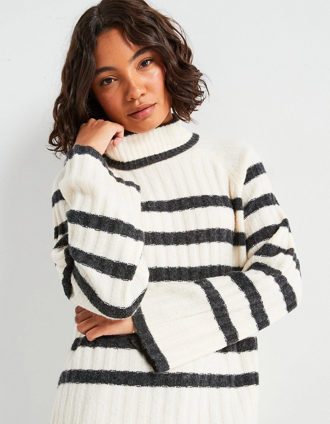 High Neck Stripe Jumper - Beige