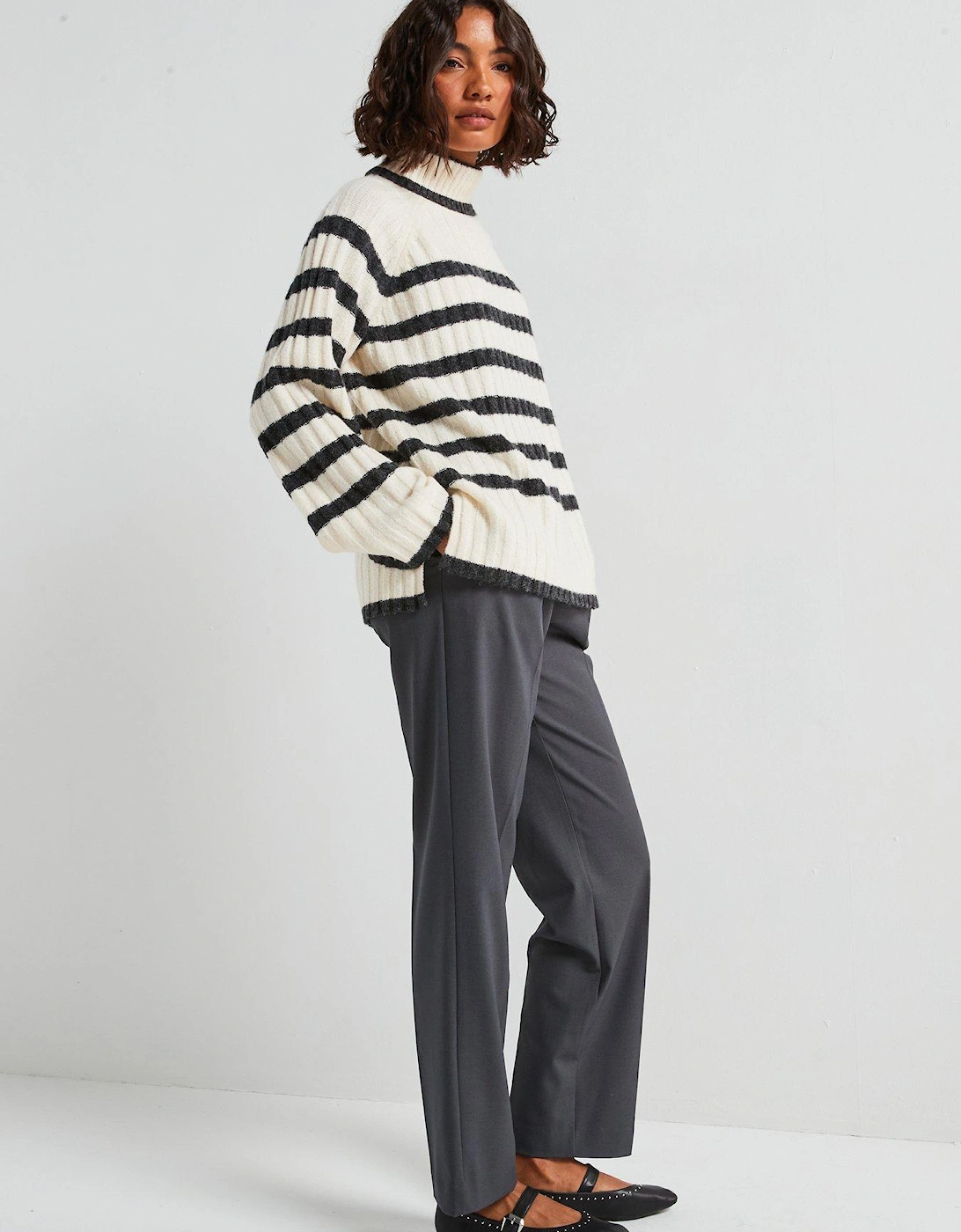 High Neck Stripe Jumper - Beige