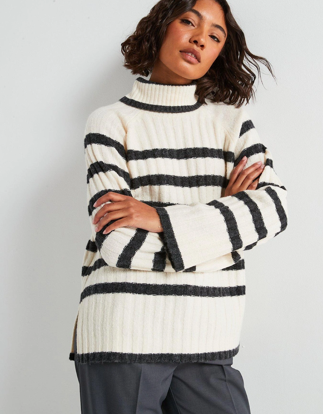 High Neck Stripe Jumper - Beige