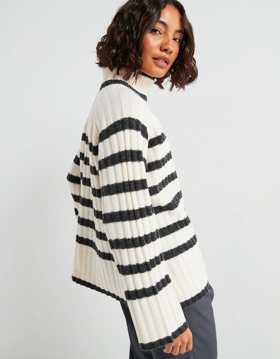 High Neck Stripe Jumper - Beige