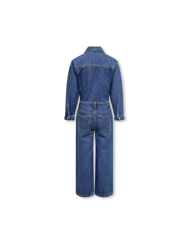 Girls Denim Long Sleeve Jumpsuit - Medium Blue Denim