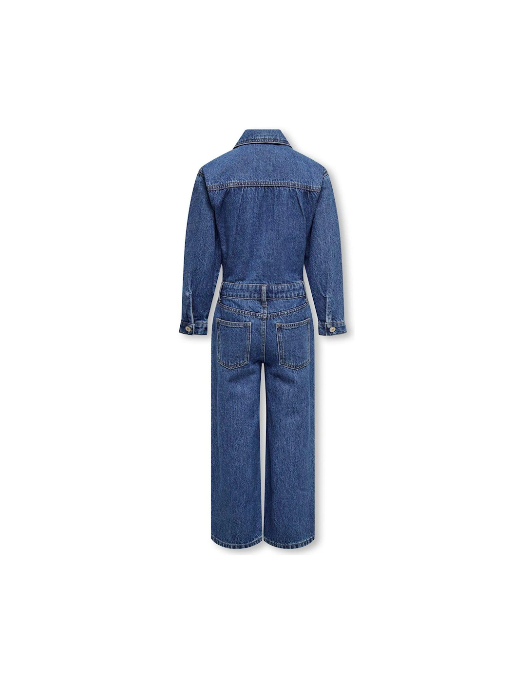 Girls Denim Long Sleeve Jumpsuit - Medium Blue Denim