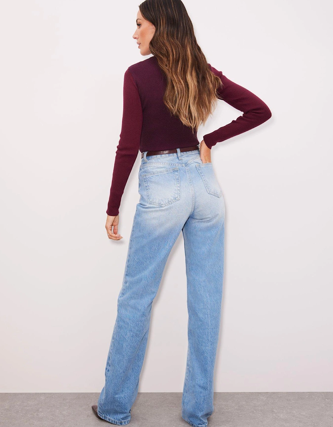 Colour Block High Neck Knitted Top - Burgundy 