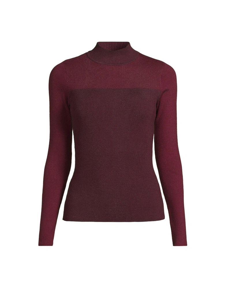 Colour Block High Neck Knitted Top - Burgundy 