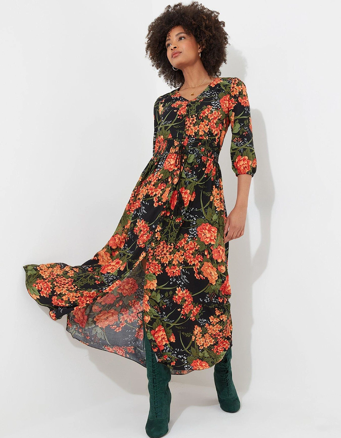 Sienna Floral Midi Dress - Black