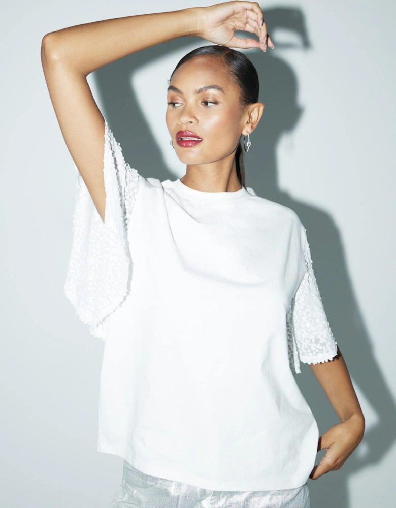 Sequin Sleeve Top - White