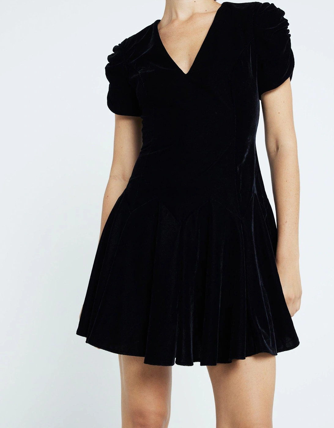 Velvet Godet Mini Dress - Black