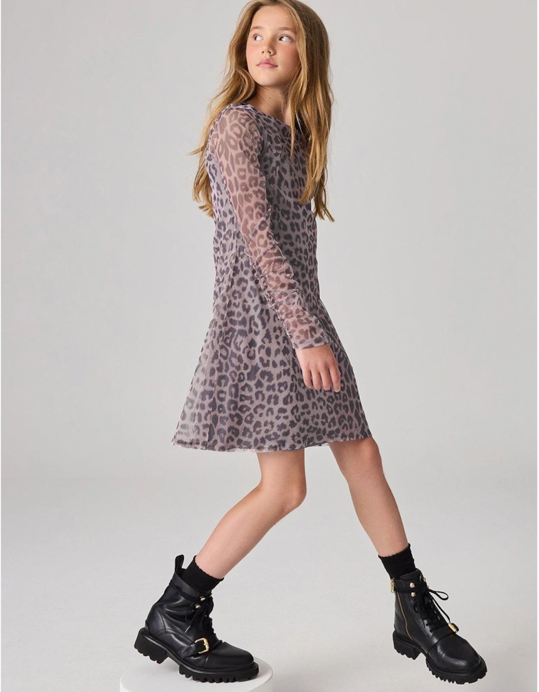 Girls Leopard Print Mesh Dress