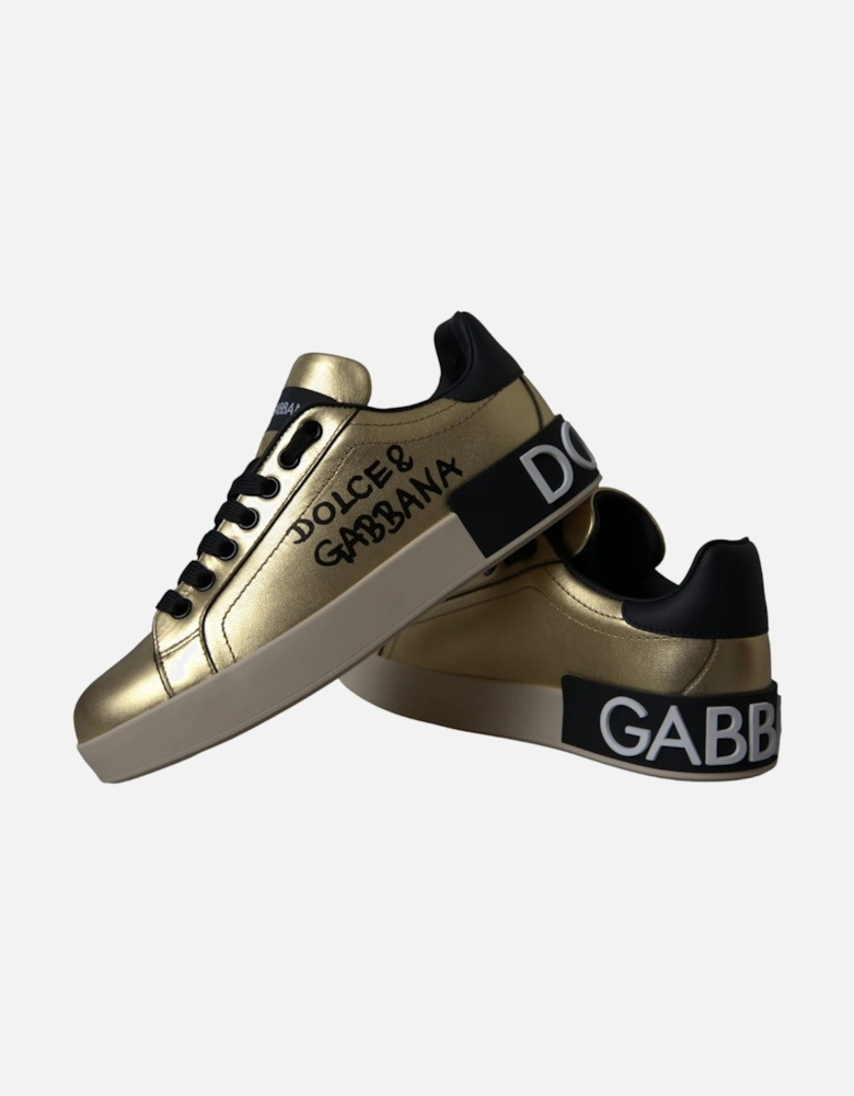 Low-top Calf Leather Sneakers with Rubber Sole Women - Gold Black