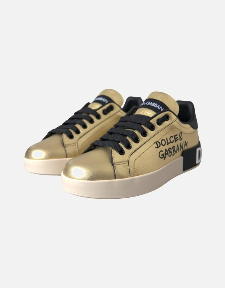 Low-top Calf Leather Sneakers with Rubber Sole Women - Gold Black