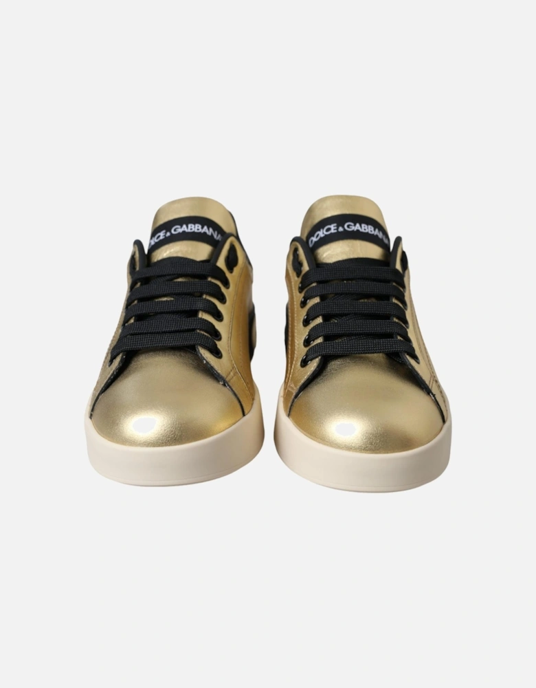 Low-top Calf Leather Sneakers with Rubber Sole Women - Gold Black