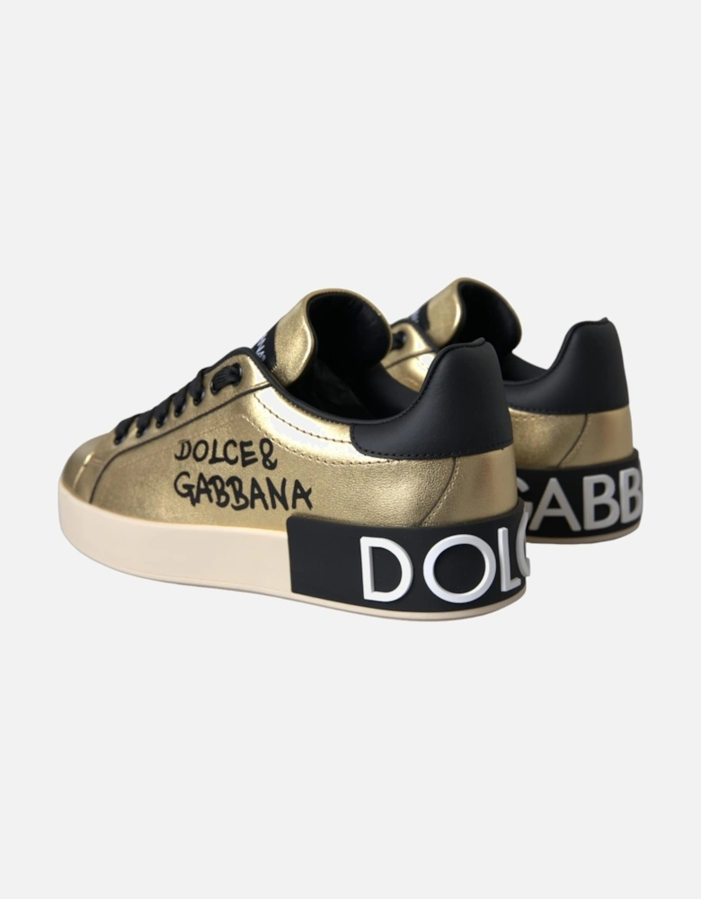 Low-top Calf Leather Sneakers with Rubber Sole Women - Gold Black