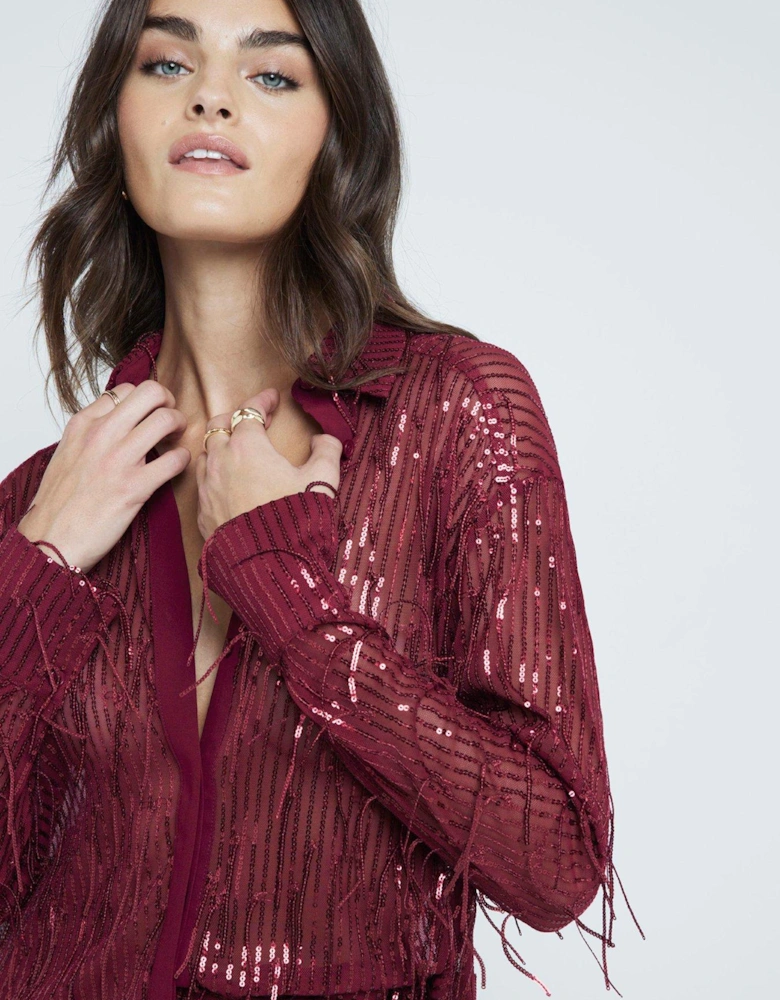 Sequin Fringe Shirt - Dark Red