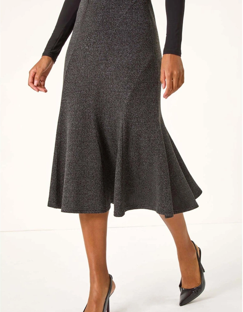 Flared Textured Midi Stretch Skirt - Charcoal