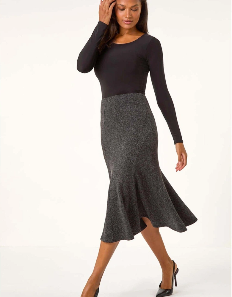 Flared Textured Midi Stretch Skirt - Charcoal