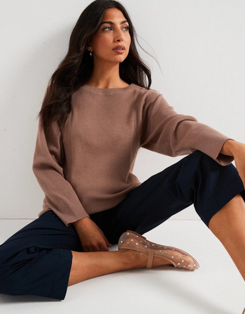 Slash Neck Wide Sleeve Longline Jumper - Brown