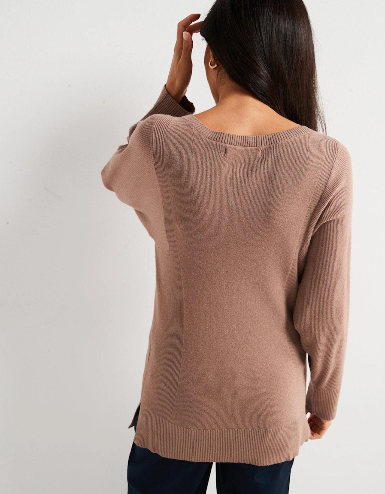 Slash Neck Wide Sleeve Longline Jumper - Brown