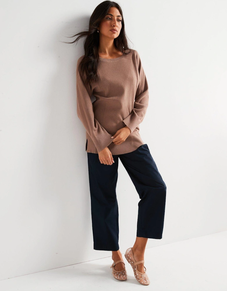 Slash Neck Wide Sleeve Longline Jumper - Brown