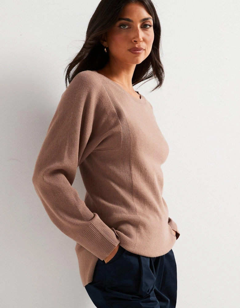 Slash Neck Wide Sleeve Longline Jumper - Brown