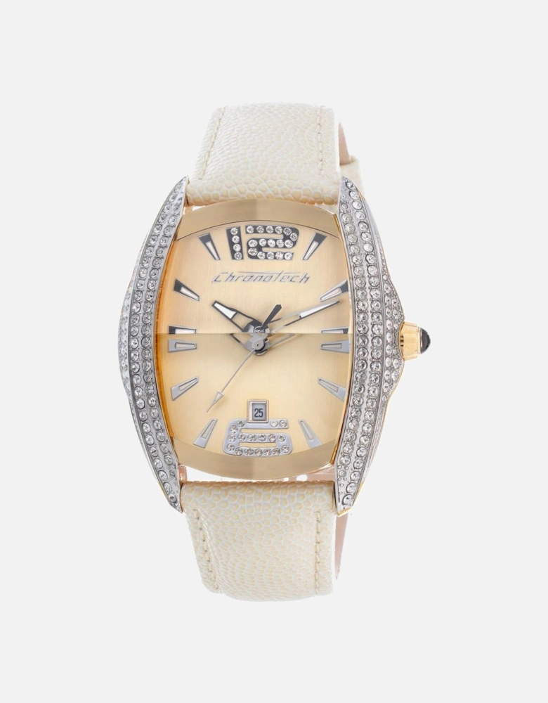 Quartz Analog Steel Case Leather Strap Watch Women - Beige Watches