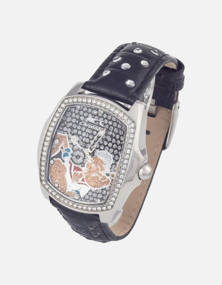 Steel Case Quartz Analog Watch with Leather Bracelet Women - Black