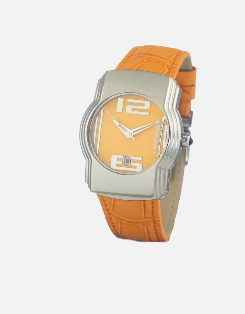 Quartz Analog Steel Case Watch with Leather Bracelet Unisex - Orange